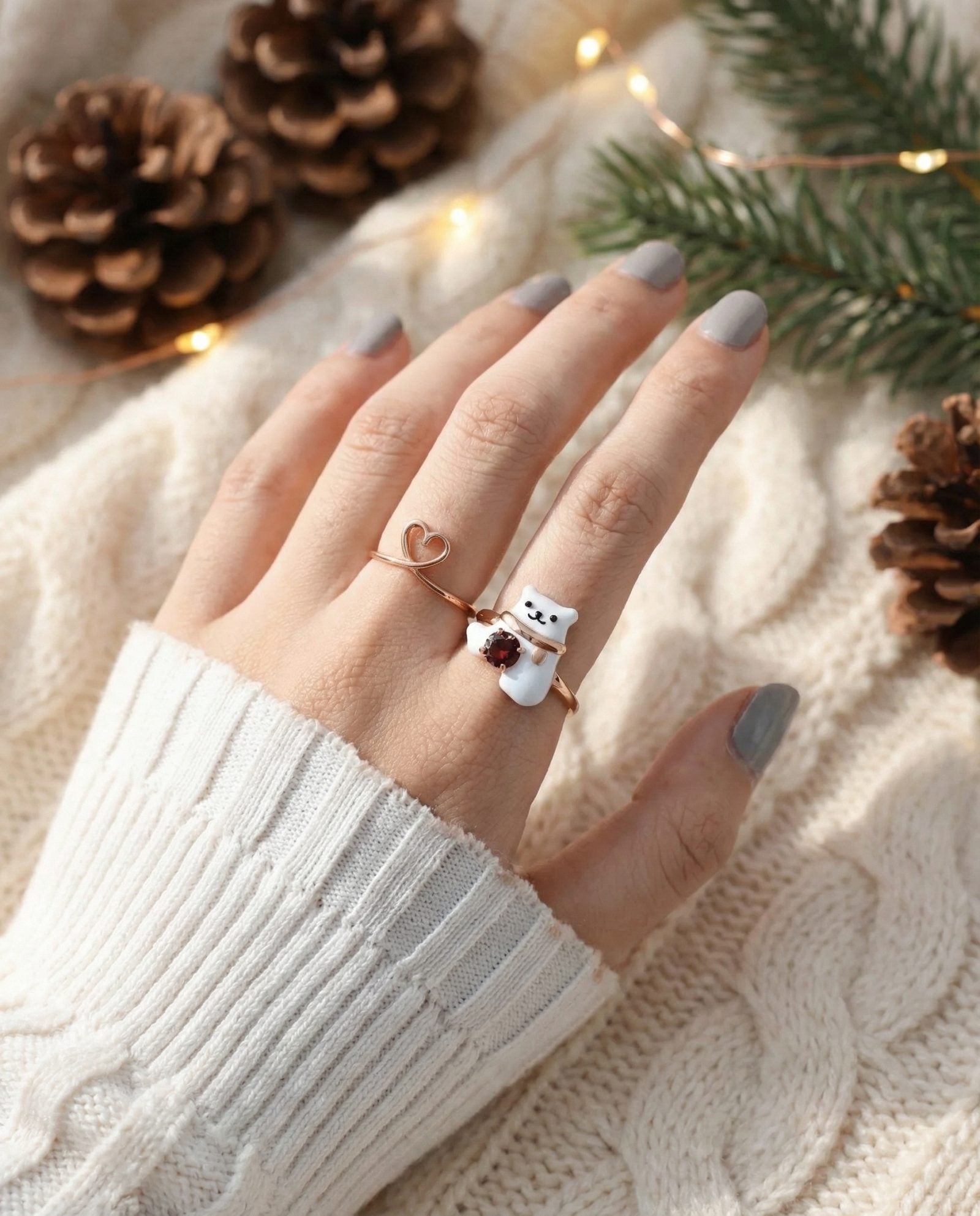 Polar Bear Garnet Ring in rose gold, worn on a model