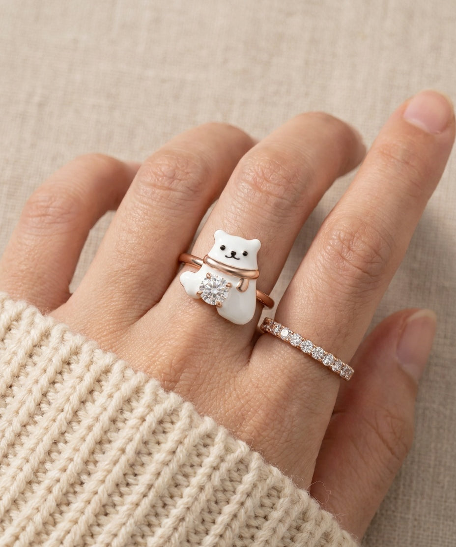 Polar Bear Moissanite Ring in rose gold, worn on a model