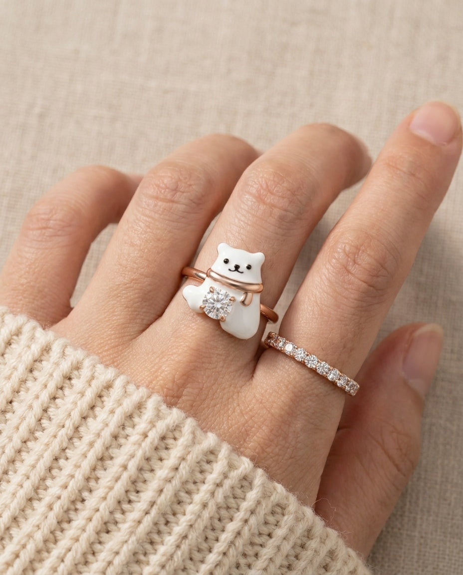 Polar Bear Moissanite Ring in rose gold, worn on a model