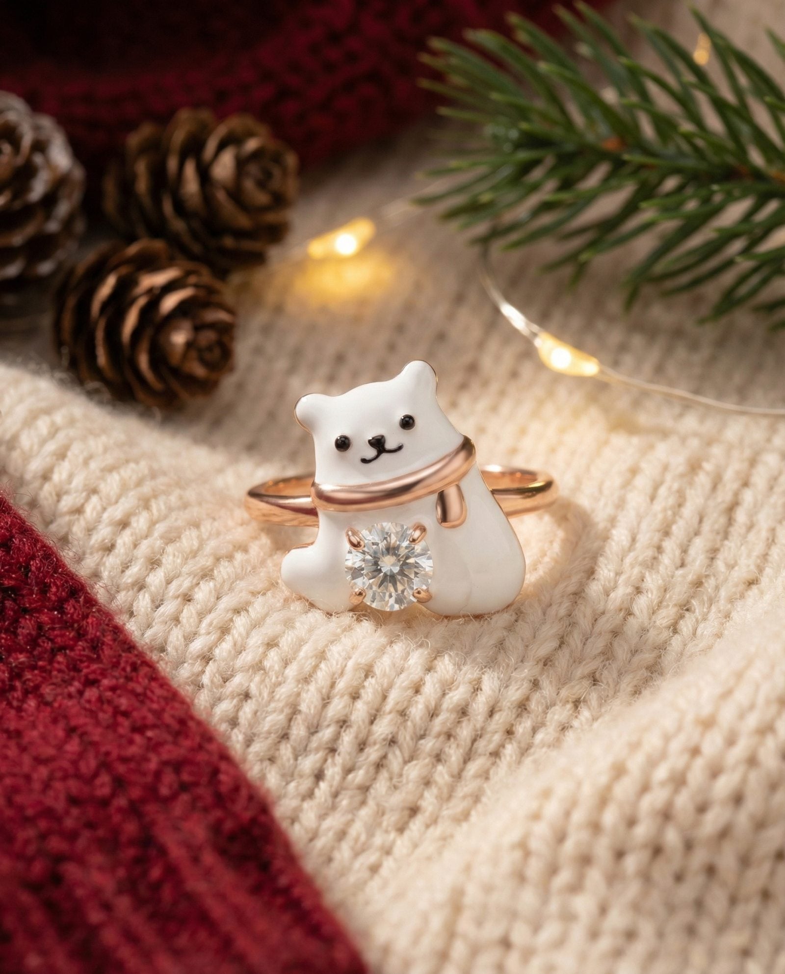 Polar Bear Moissanite Ring in rose gold, laid flat on a tabletop