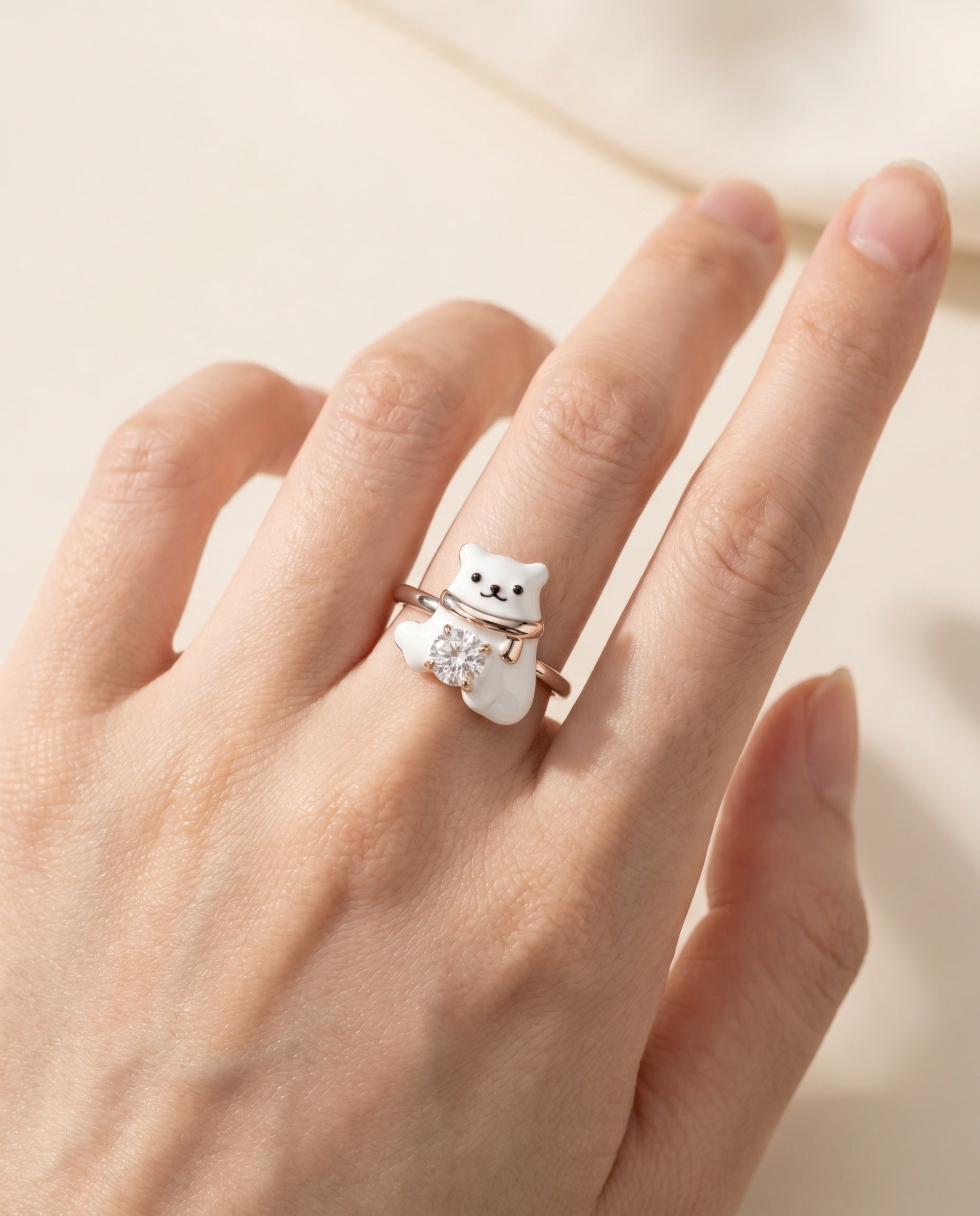 Polar Bear Moissanite Ring in silver, worn on a model