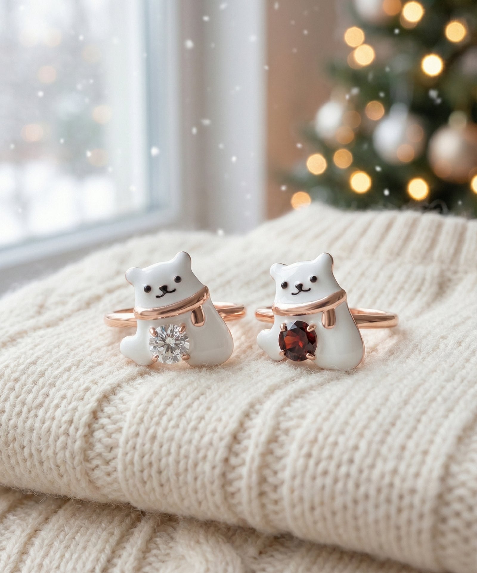Polar Bear Moissanite Ring in rose gold, laid flat on a tabletop