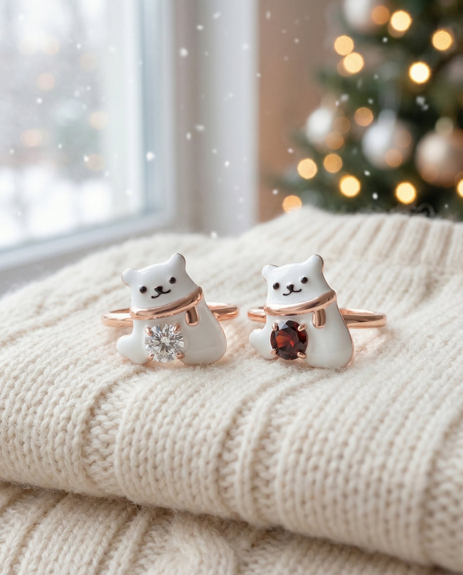 Polar Bear Moissanite Ring in rose gold, laid flat on a tabletop