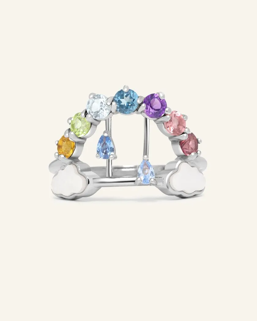 Rainbow's Promise Ring featuring a vibrant gradient of citrine, peridot, topaz, amethyst, tourmaline, and rhodolite gemstones, with delicate cloud motifs and movable raindrop accents.