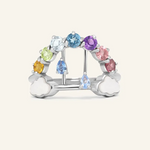 Rainbow's Promise Ring featuring a vibrant gradient of citrine, peridot, topaz, amethyst, tourmaline, and rhodolite gemstones, with delicate cloud motifs and movable raindrop accents.