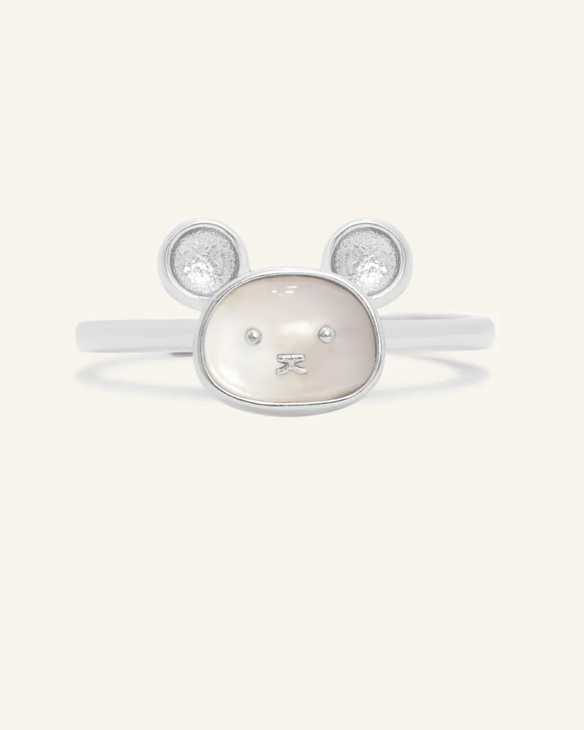 Rat Zodiac ring crafted in silver, featuring a charming mother-of-pearl centerpiece shaped like a rat's face, symbolizing intelligence and adaptability.