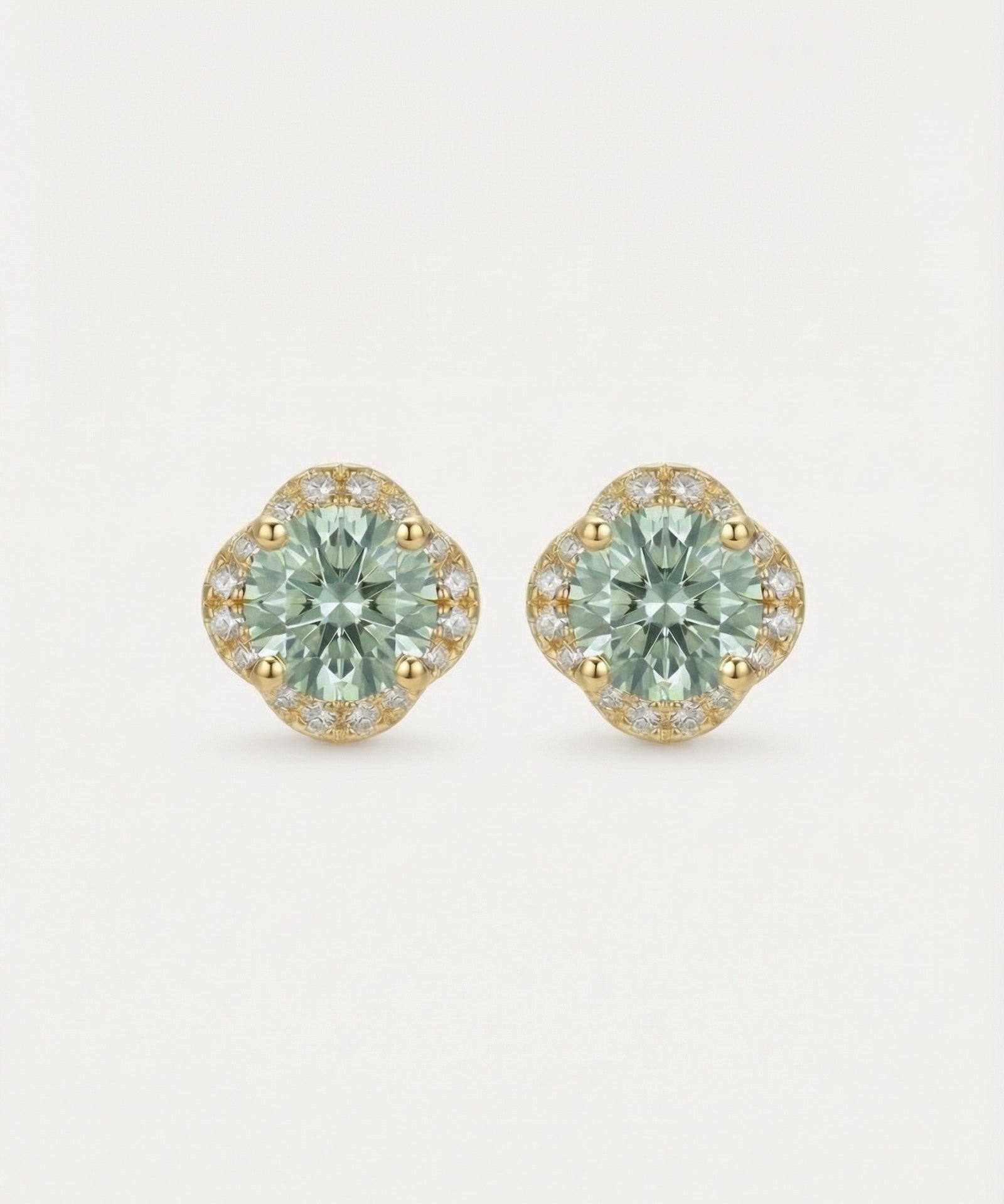Scallop Halo Moissanite Studs, Mint Leaf