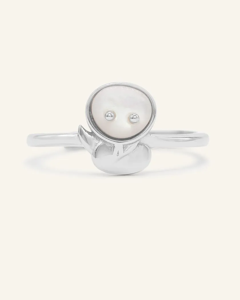Snake Zodiac Mother of Pearl Ring in Silver, featuring a hand-carved mother of pearl face and a sleek coiled snake design symbolizing wisdom and transformation.