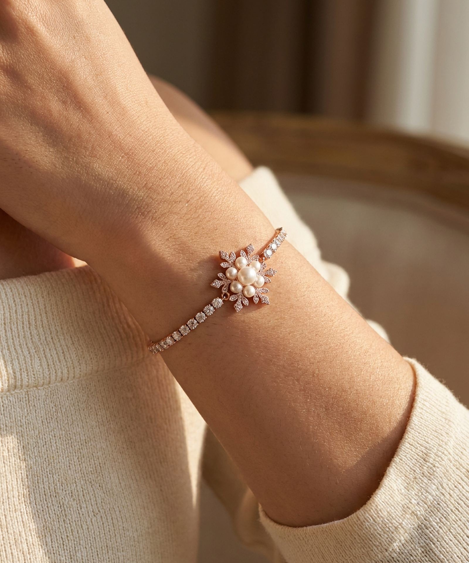 Snowflake Pearl Tennis Bracelet in rose gold, worn on a model