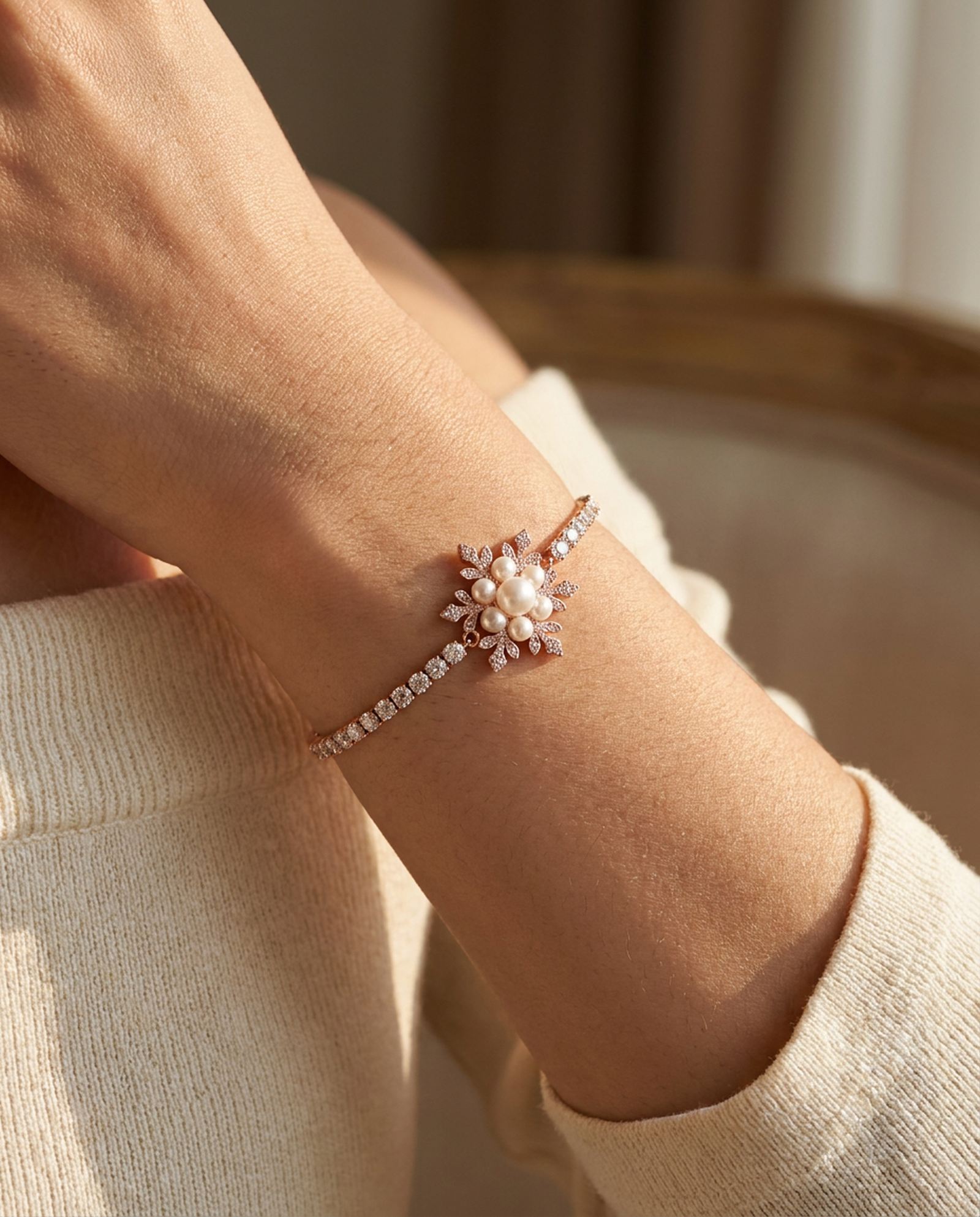 Snowflake Pearl Tennis Bracelet in rose gold, worn on a model