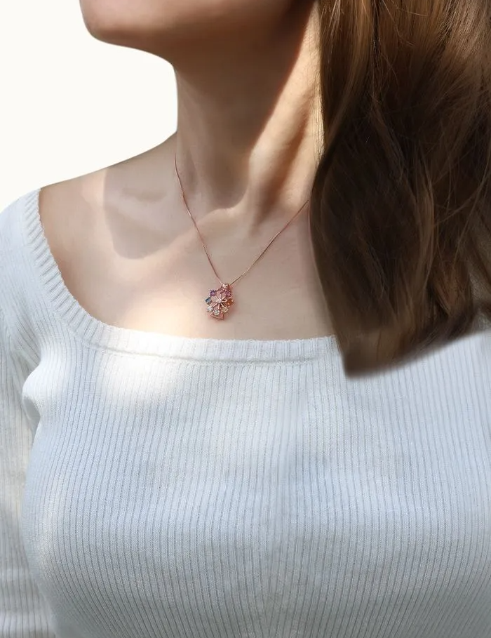 A model wearing the spinning ferris wheel necklace