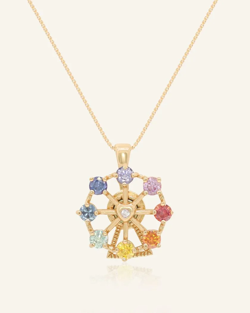 Radiant Spinning Ferris Wheel Necklace in Yellow Gold, adorned with dazzling moissanite stones for a sparkling, carnival-inspired charm.