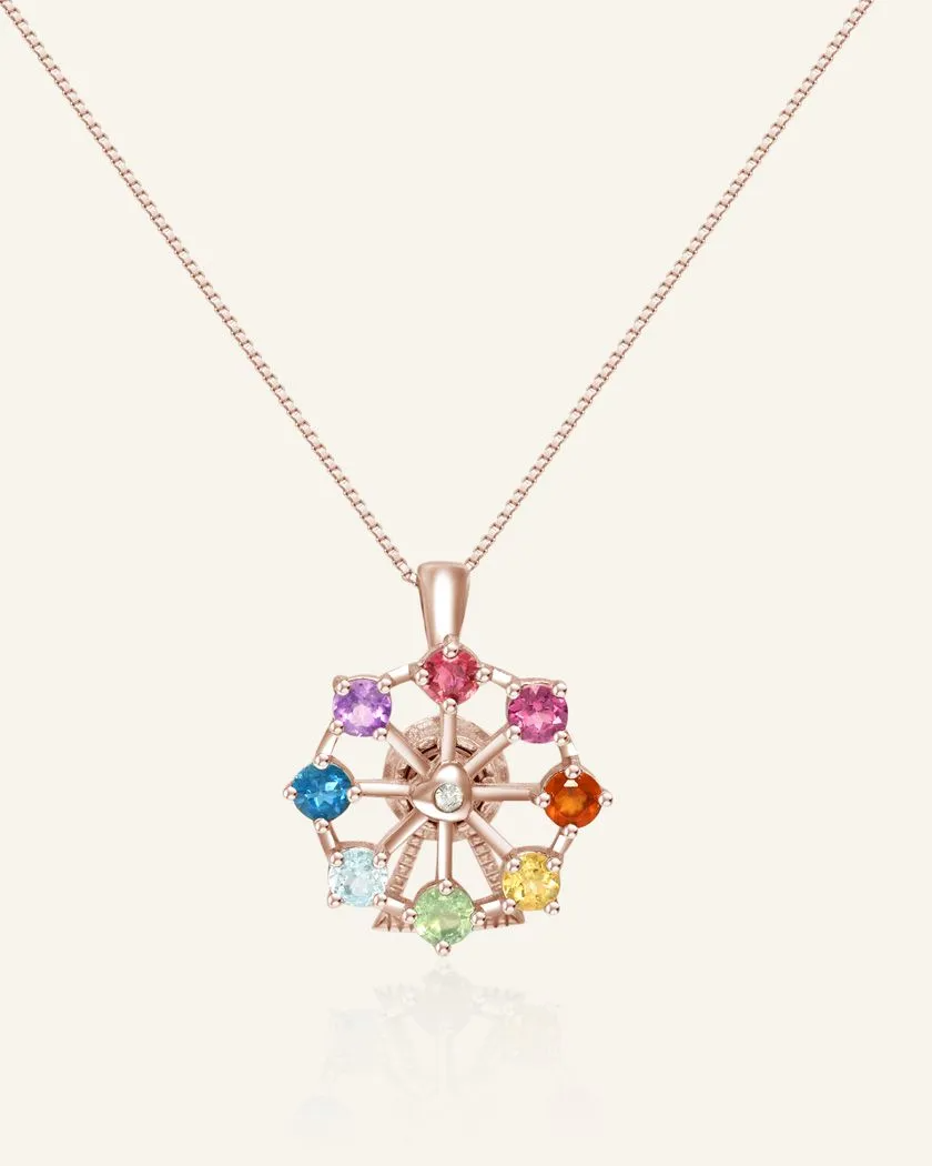 Ferris wheel necklace with vibrant natural colored gemstones and a playful spinning design rose gold