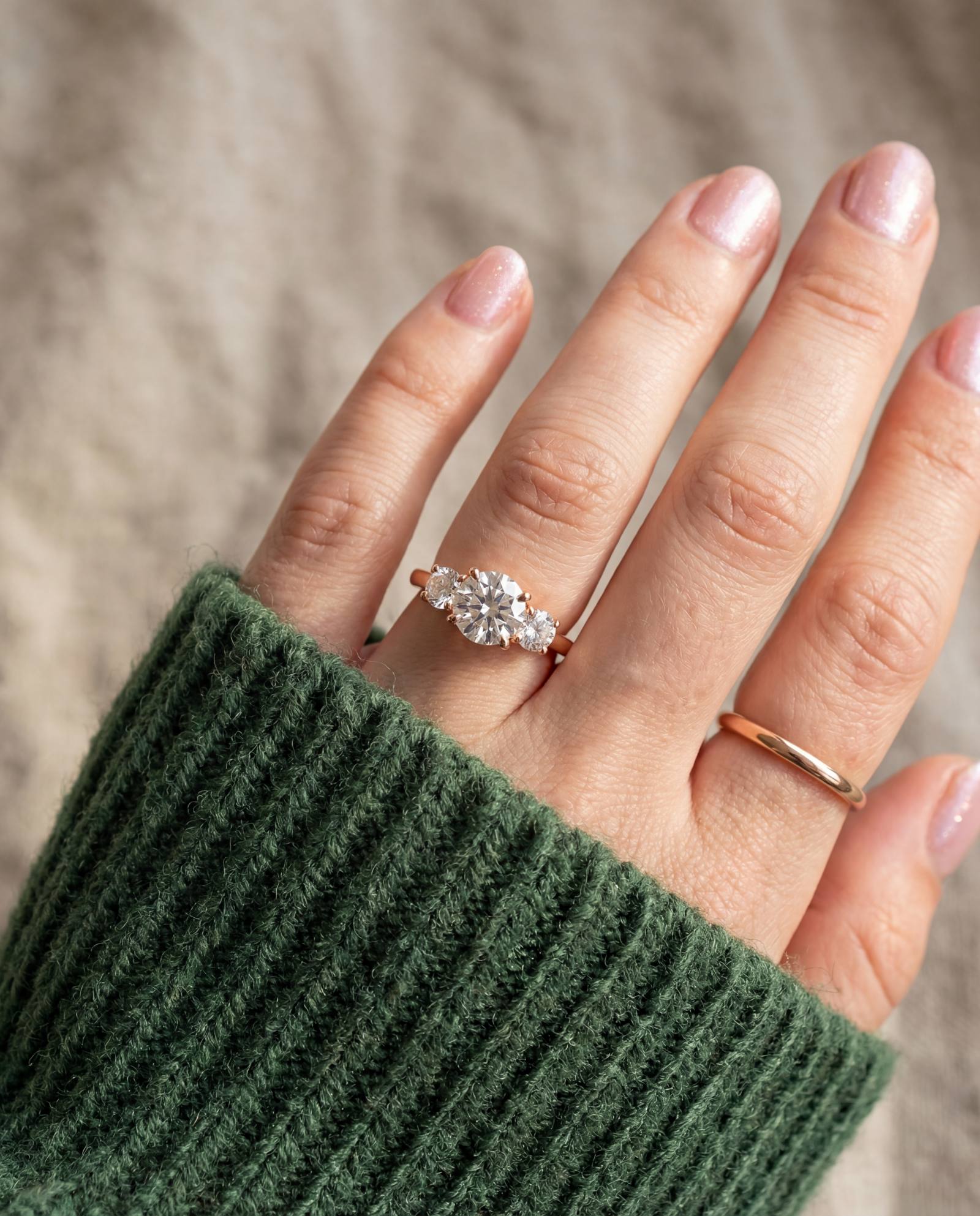Trilogy Moissanite Ring | Elate in rose gold, worn on a model