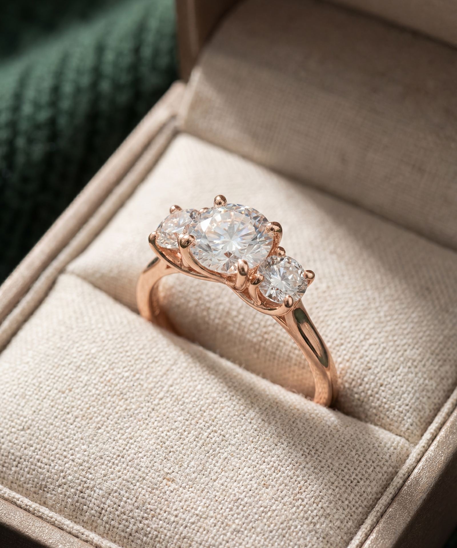 Trilogy Moissanite Ring | Elate in rose gold, laid flat on a tabletop