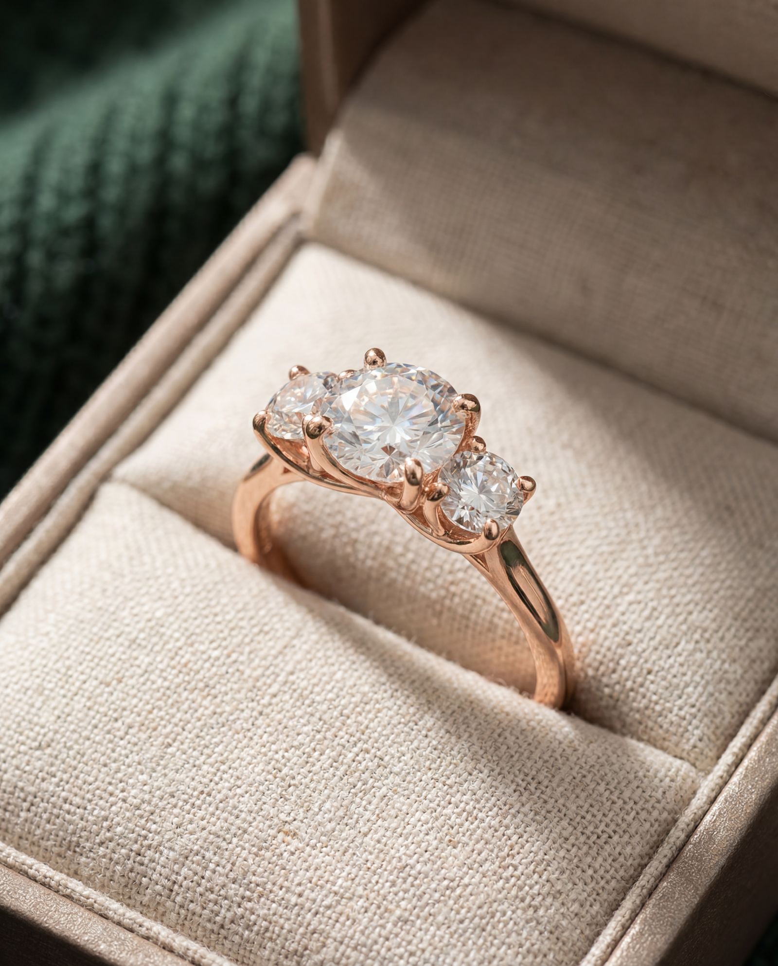 Trilogy Moissanite Ring | Elate in rose gold, laid flat on a tabletop