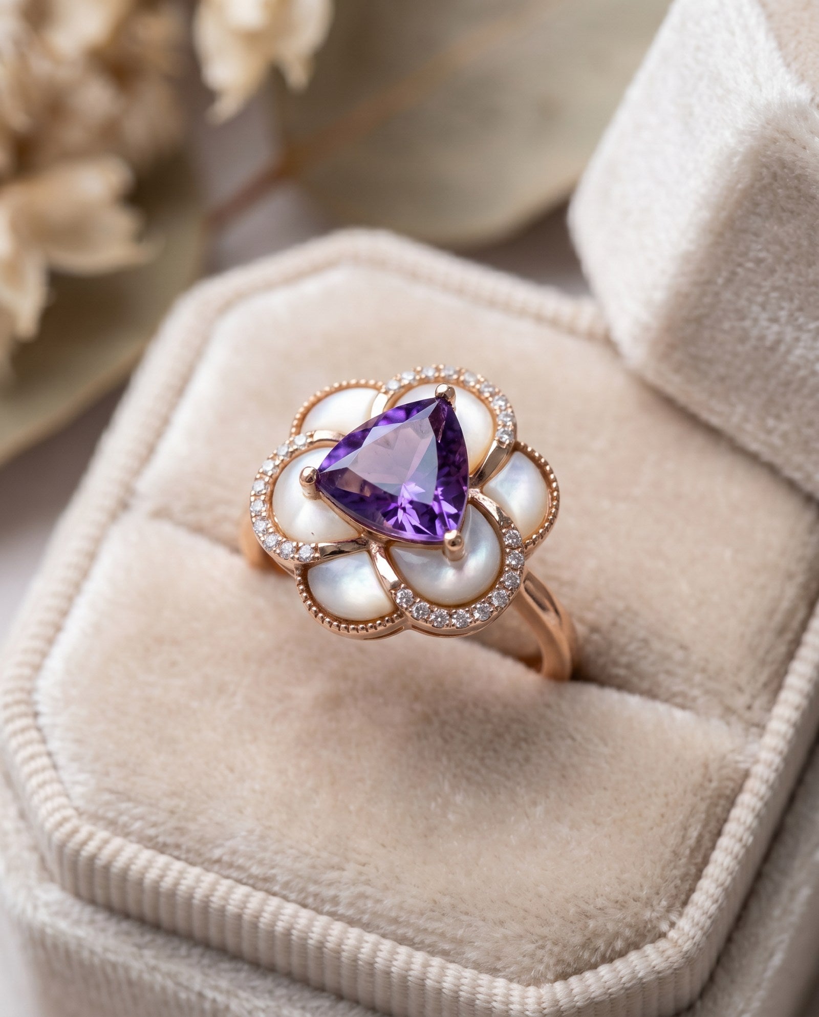 Extreme macro detail of the Violet Grande Bloom Ring in Rose Gold, showing the clarity of the 8mm trillion amethyst and pearl texture.