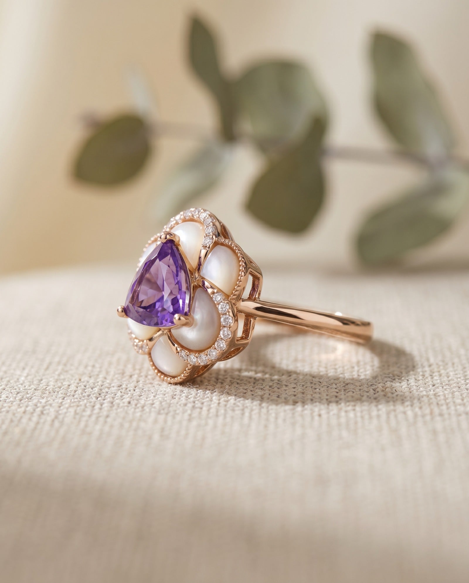 Side profile of Violet Grande Bloom Ring showing the floating stone setting and architectural 18k rose gold structure.