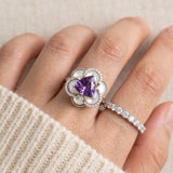 Violet Grande Bloom Ring in Silver styled on hand next to a diamond band to show high-end statement layering.