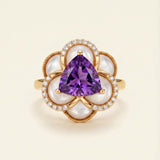 Violet Grande Bloom Ring in 18k Yellow Gold featuring a natural purple amethyst center and iridescent mother of pearl.