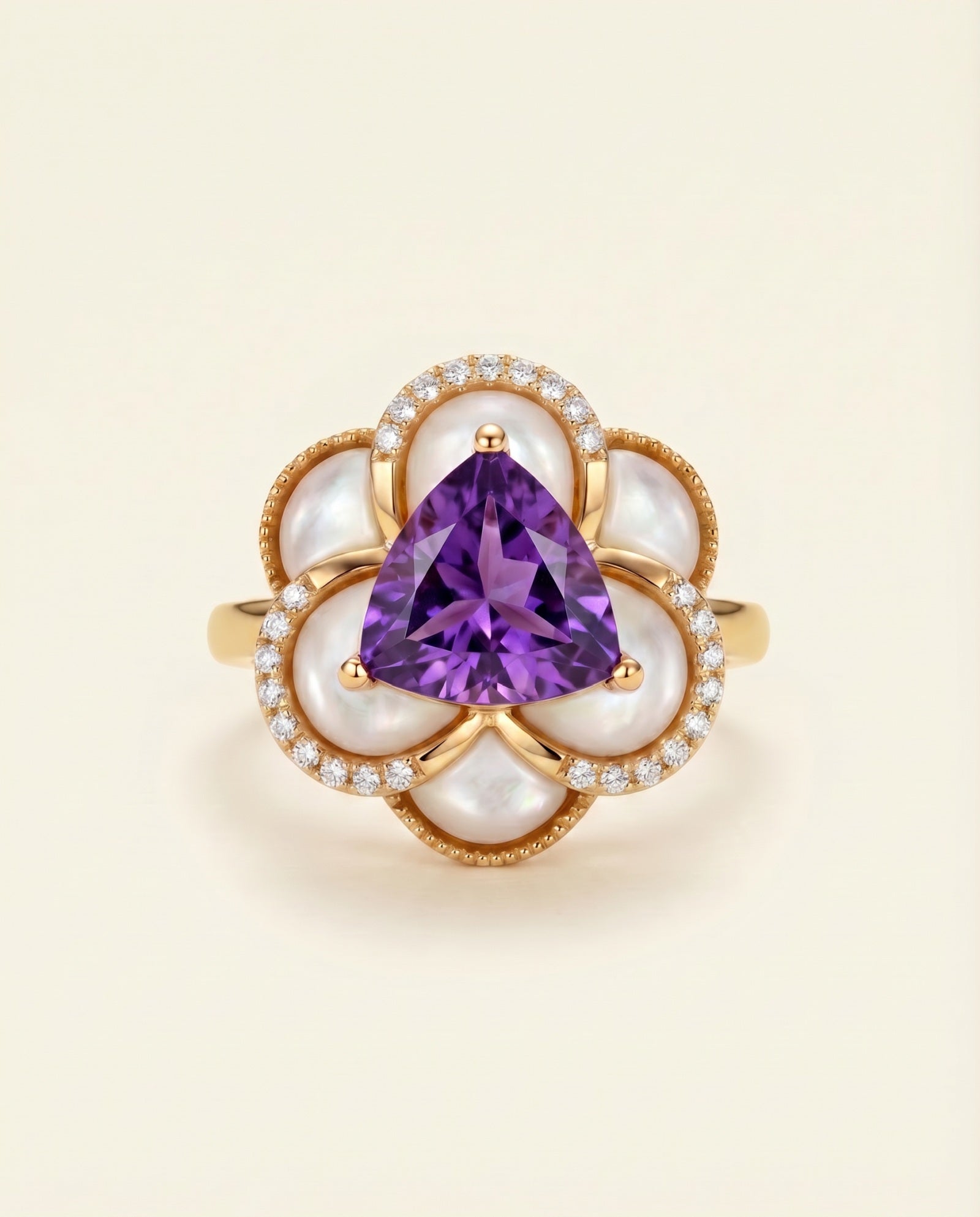 Violet Grande Bloom Ring in 18k Yellow Gold featuring a natural purple amethyst center and iridescent mother of pearl.