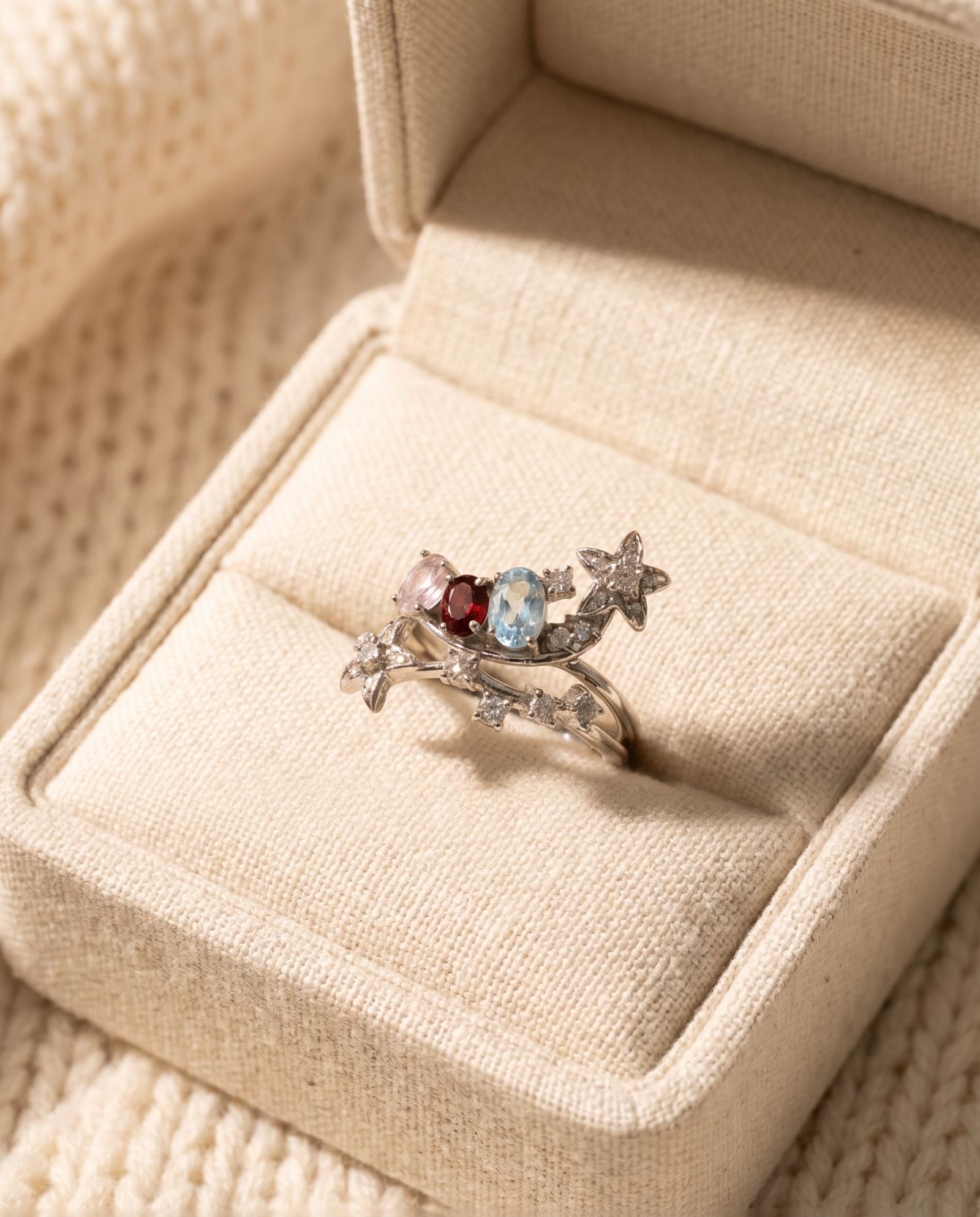 Wildflower Nest stacking set presented in a signature jewelry box, ideal for a sentimental gift or commemorative push present.