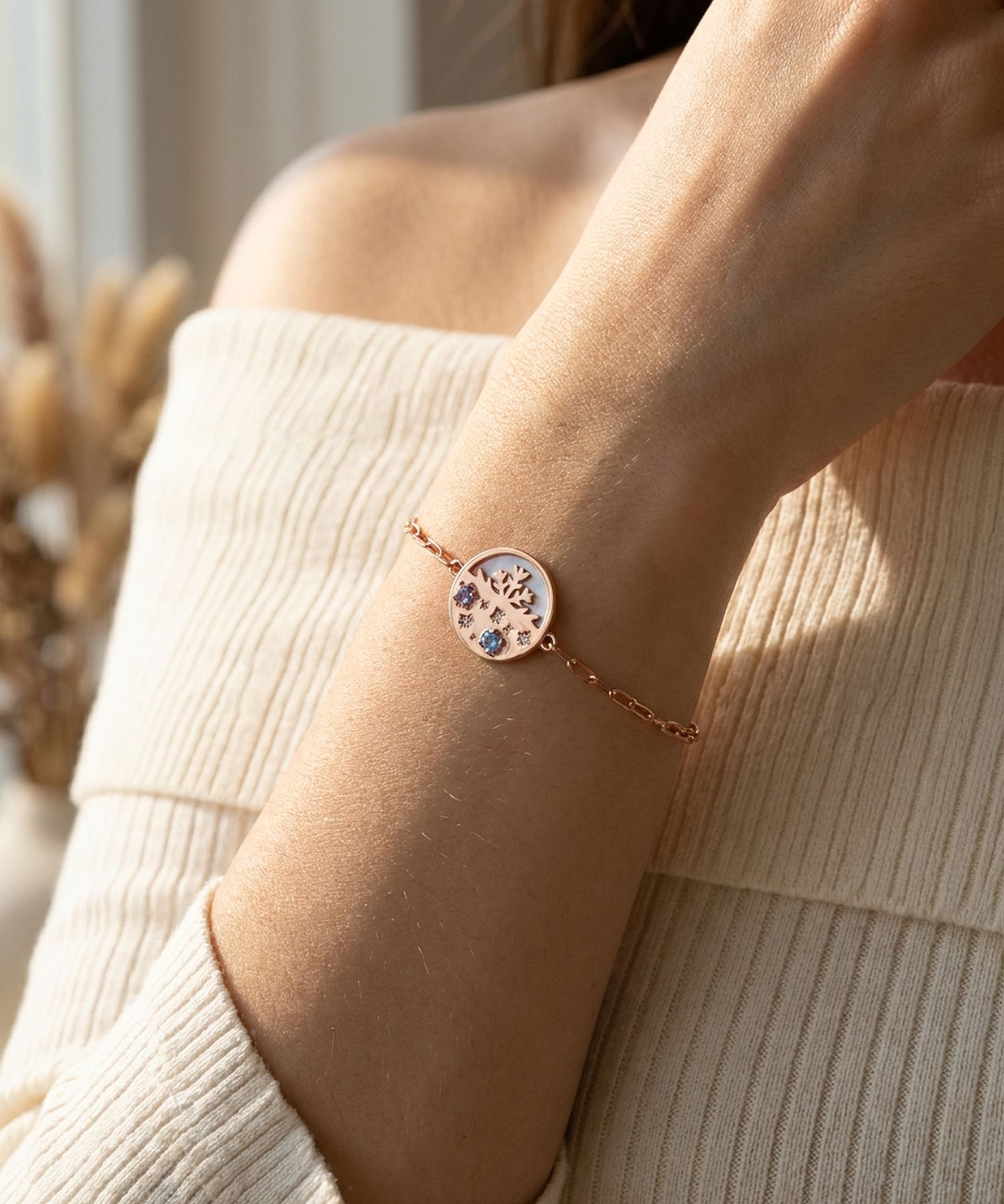 Winterscape Mother of Pearl Bracelet in rose gold, worn on a model