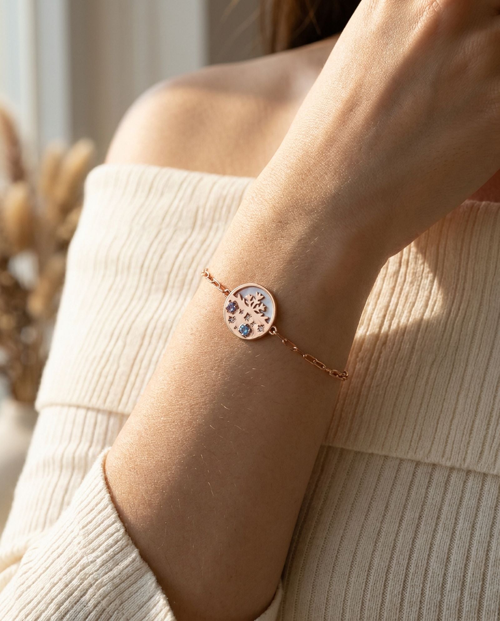 Winterscape Mother of Pearl Bracelet in rose gold, worn on a model