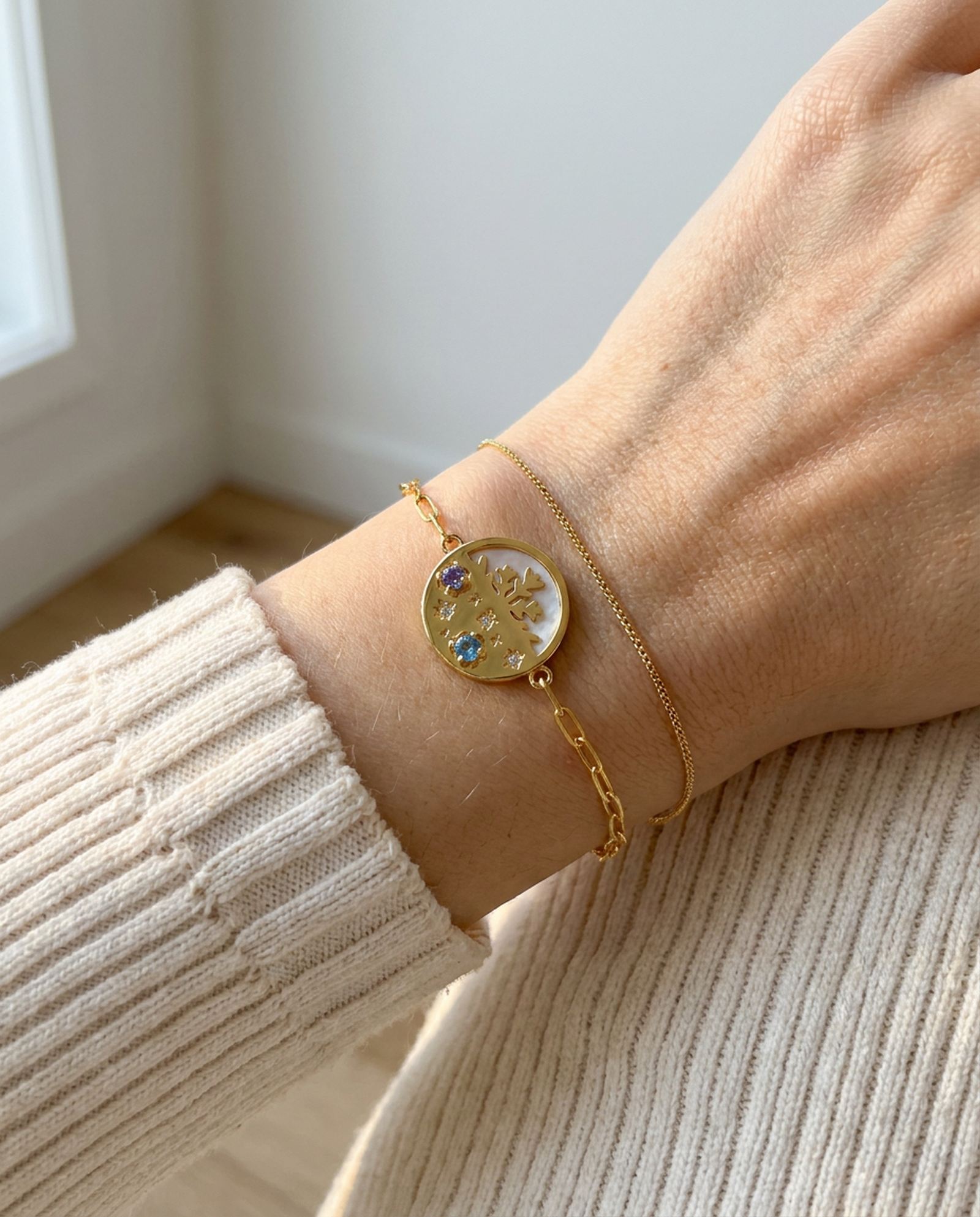 Winterscape Mother of Pearl Bracelet in yellow gold, worn on a model