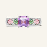 Arc de Triomphe Amethyst Ring in silver, front view of the amethyst and colourful gemstone band on warm ivory