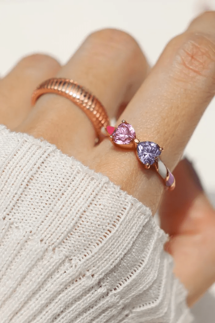Barbie Bow Candy Cane Ring (Lilac & Pink Moissanite) - Love Estella