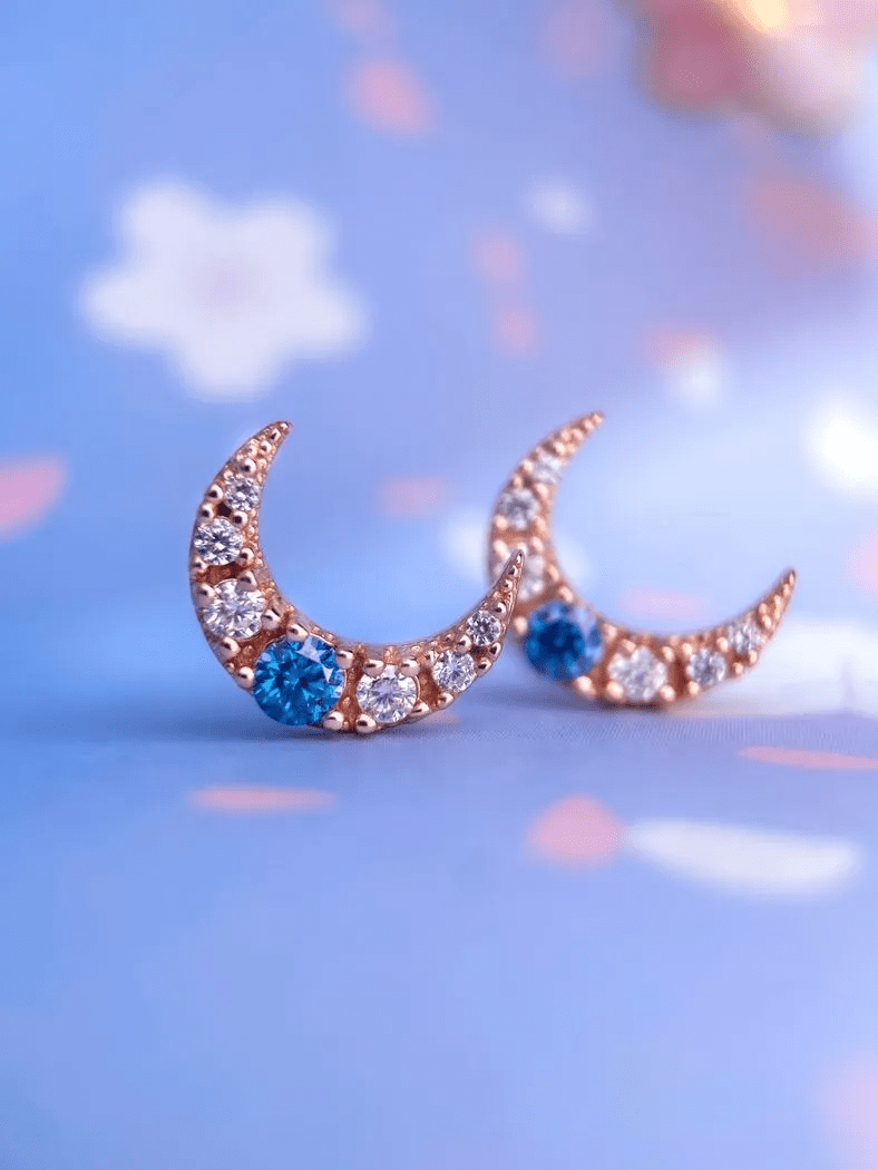 Blue Moissanite Moon Studs - Love Estella