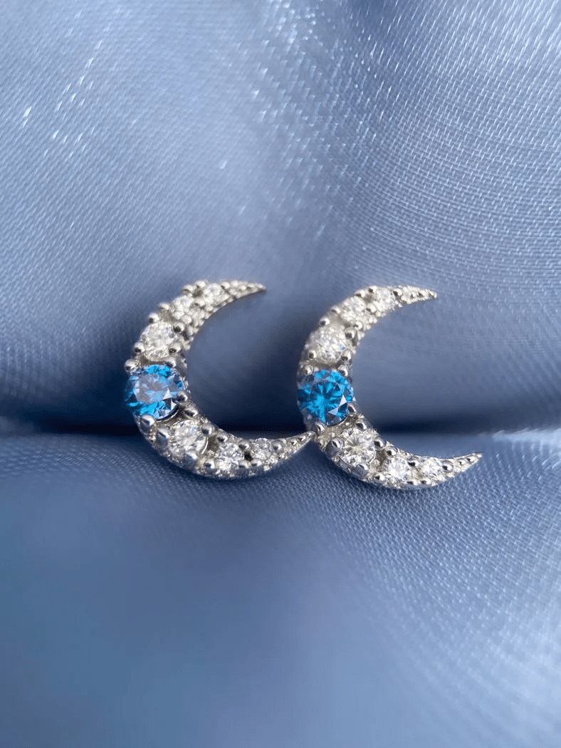 Blue Moissanite Moon Studs - Love Estella