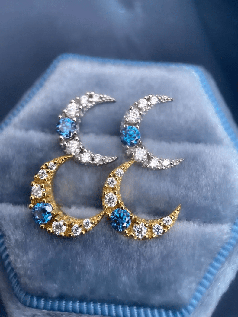 Blue Moissanite Moon Studs - Love Estella