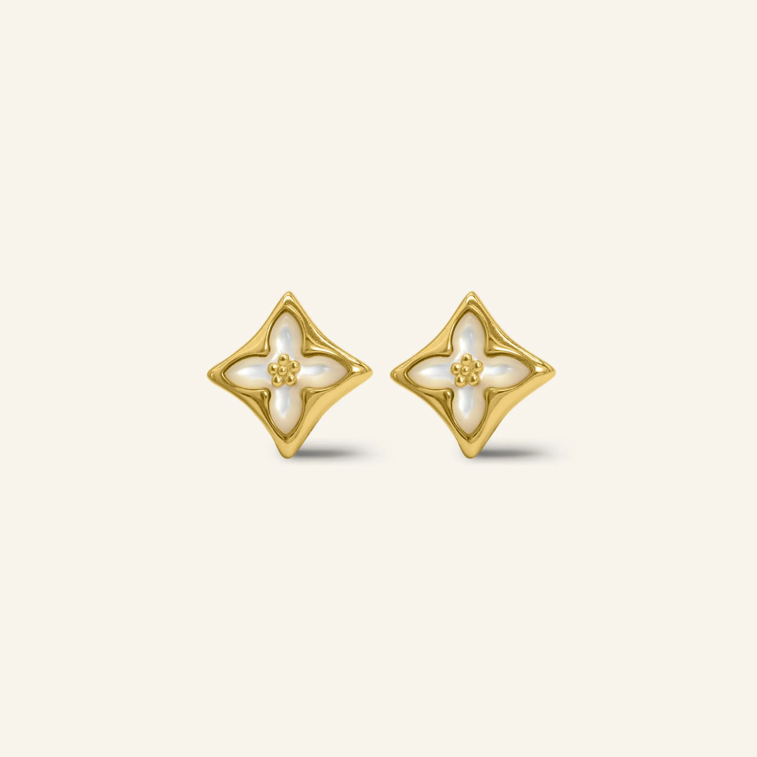 Close-up of a pair of yellow gold clover monogram studs