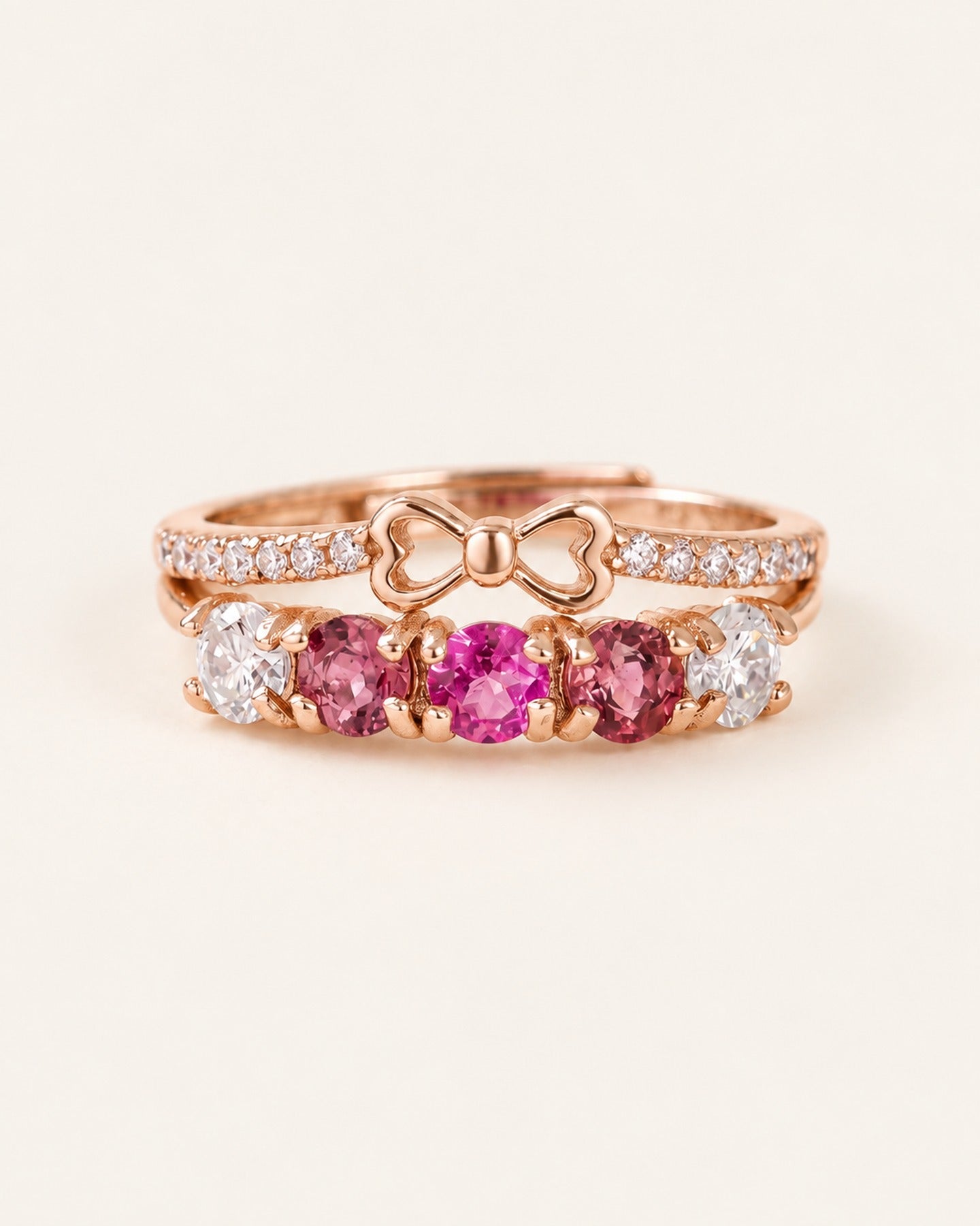 Rose gold Coquette Ribbon Bow Double Band Ring front view