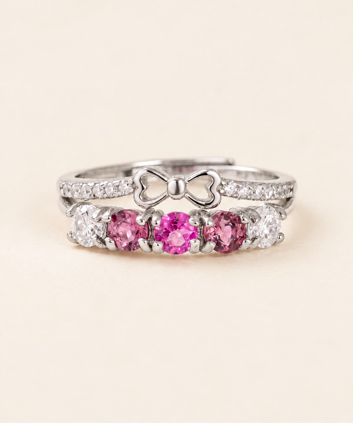 Coquette Ribbon Bow Double Band Ring in silver with pink tourmaline, pink topaz and moissanite