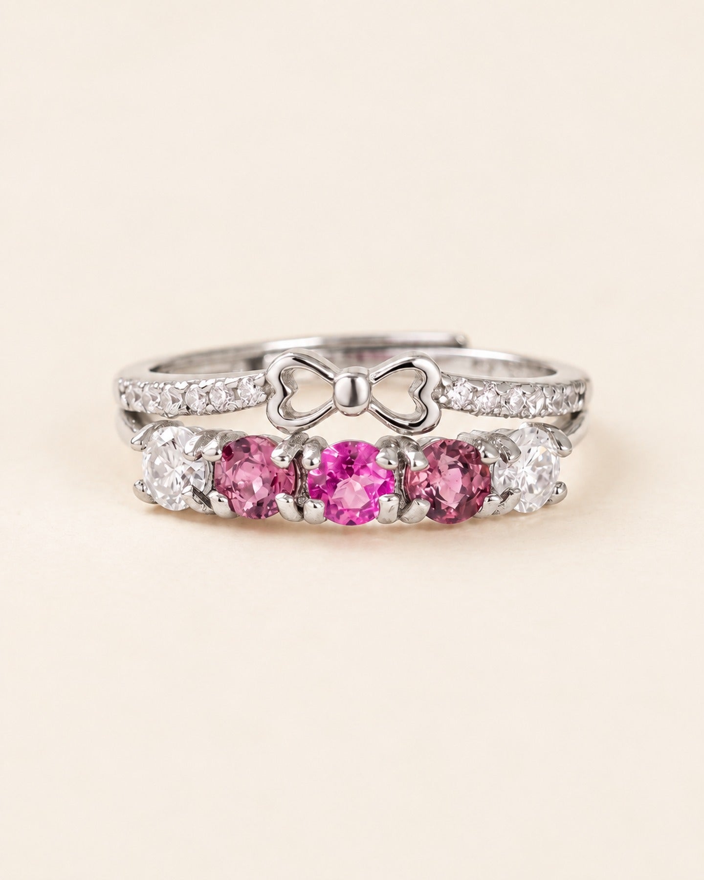 Coquette Ribbon Bow Double Band Ring in silver with pink tourmaline, pink topaz and moissanite