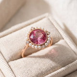 Duchess Pink Topaz Ring in rose gold displayed in an ivory linen jewelry box