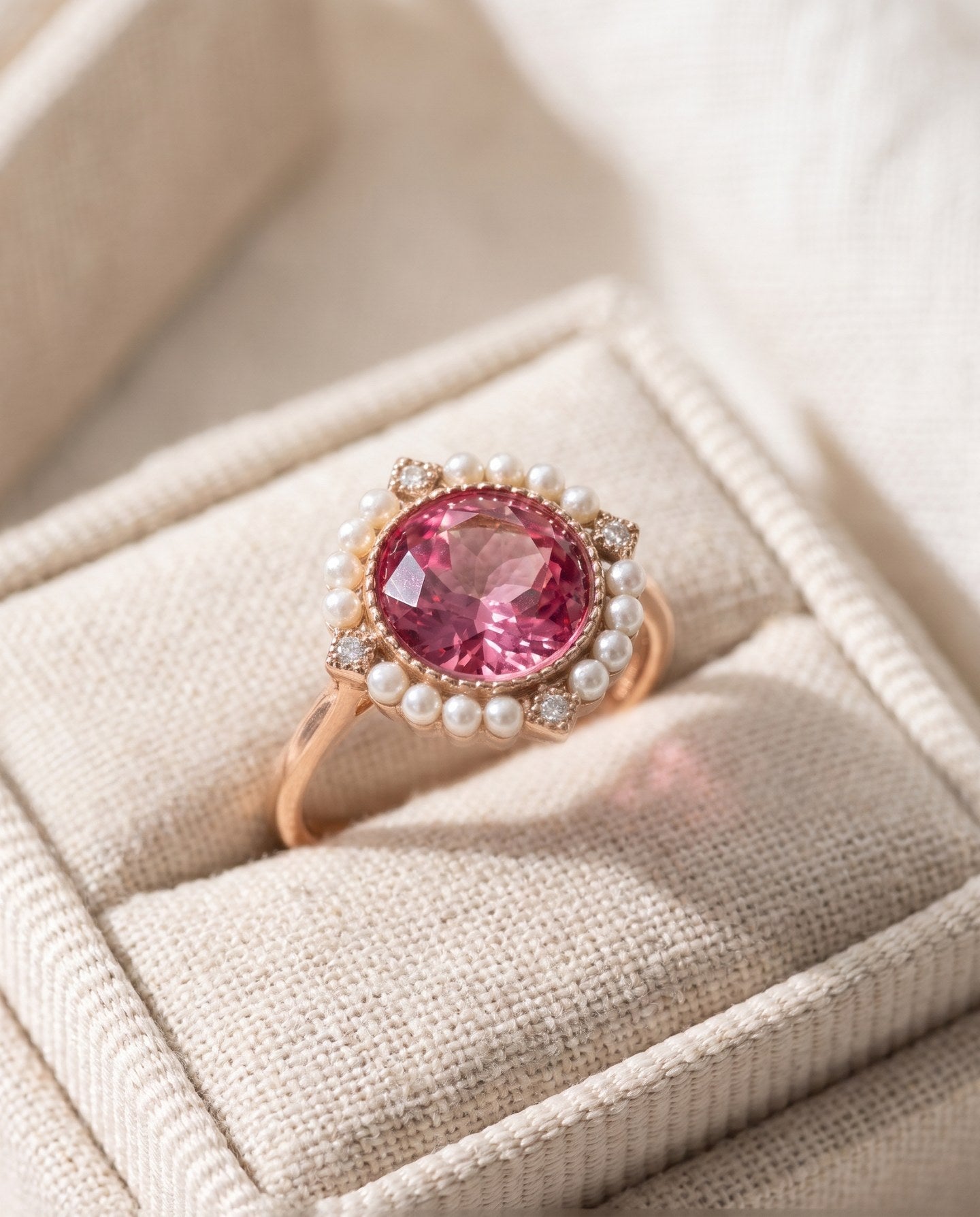 Duchess Pink Topaz Ring in rose gold displayed in an ivory linen jewelry box