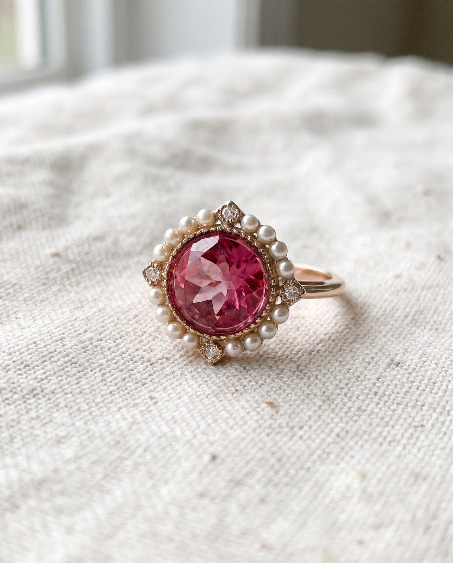 Duchess Pink Topaz Ring in rose gold on ivory linen with natural pink topaz and pearl halo