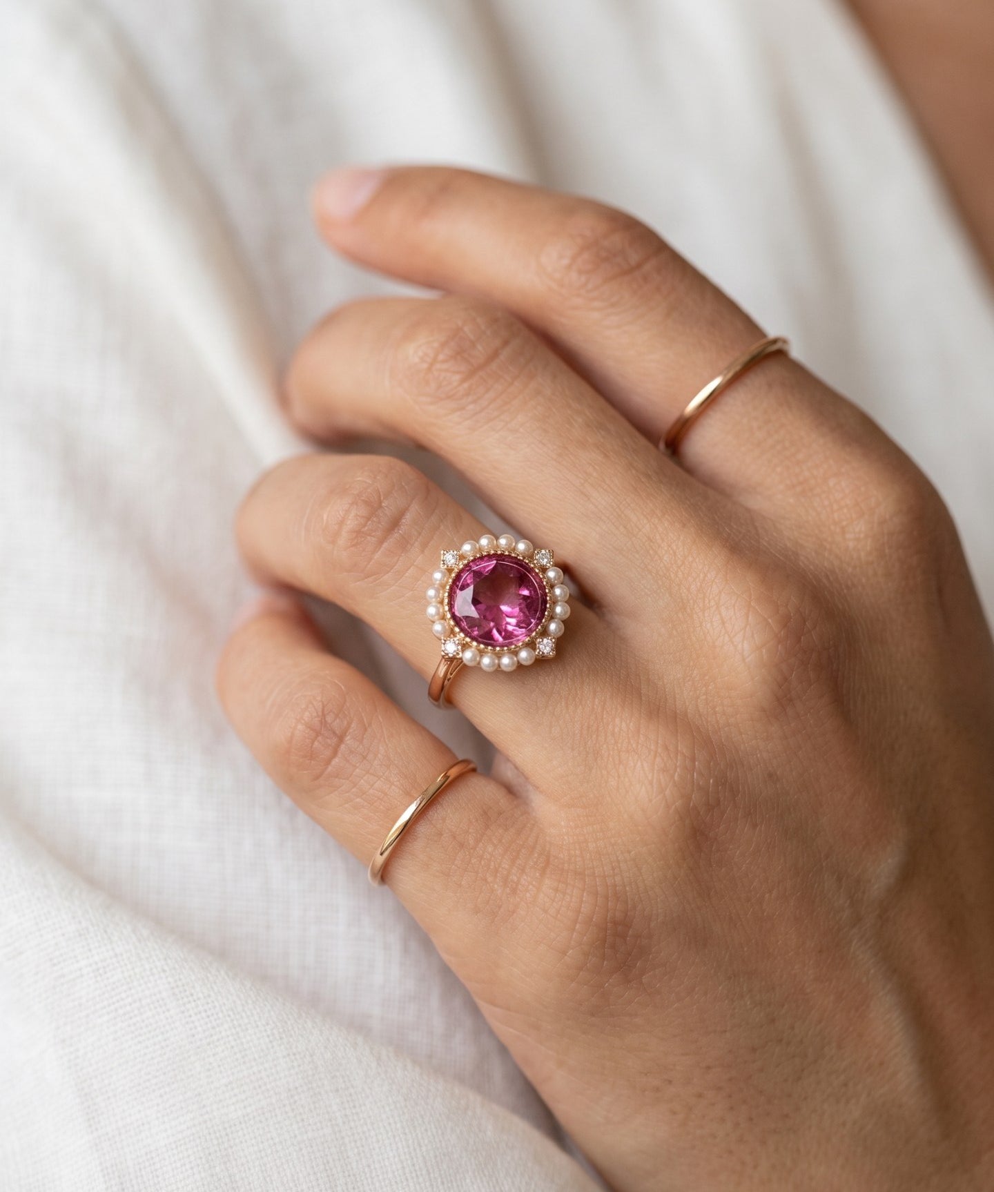Duchess Pink Topaz Ring in rose gold worn on hand for scale