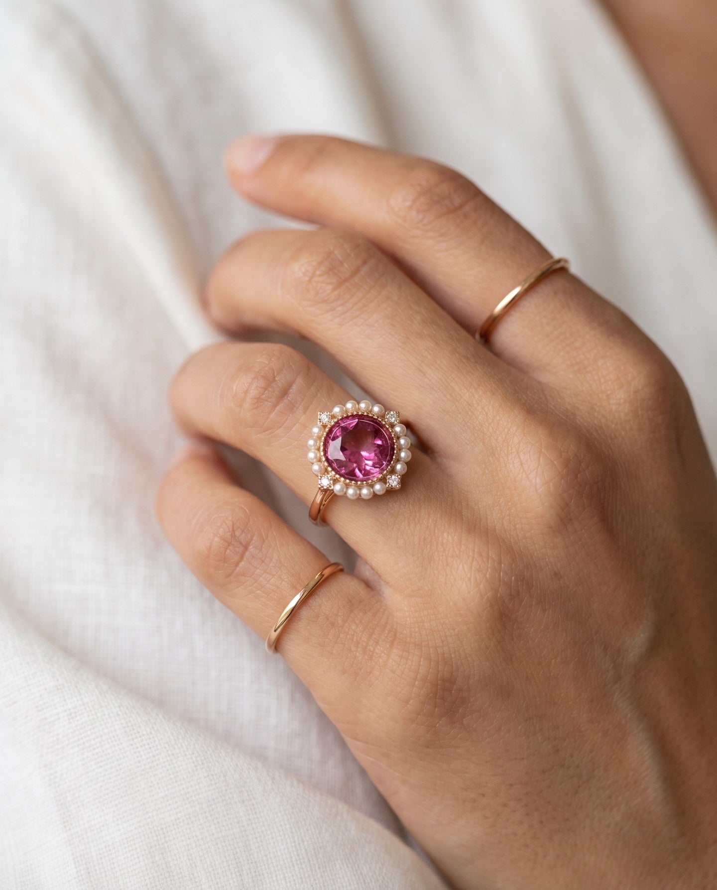 Duchess Pink Topaz Ring in rose gold worn on hand for scale