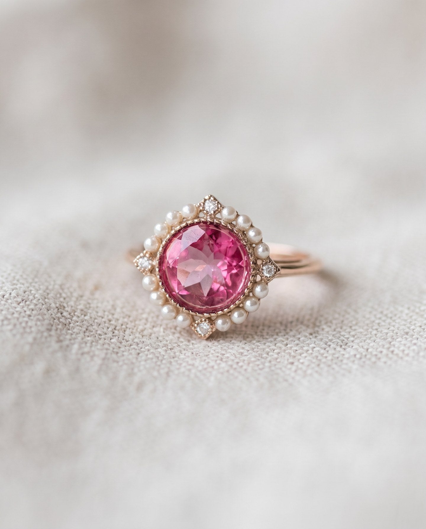 Close-up of Duchess Pink Topaz Ring in rose gold on soft ivory linen