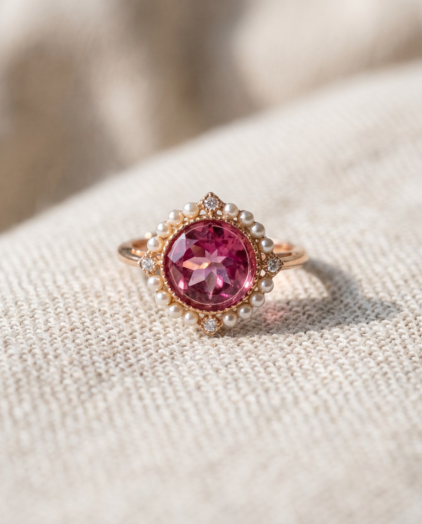 Duchess Pink Topaz Ring in rose gold photographed in warm sunlight on textured ivory fabric