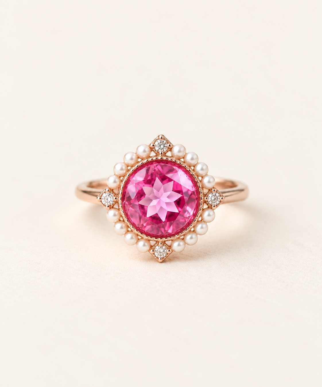 Duchess Pink Topaz Ring in rose gold with faux pearl halo and CZ accents