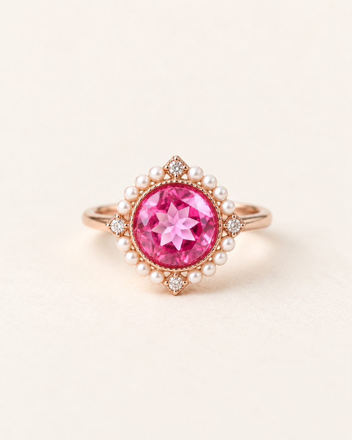 Duchess Pink Topaz Ring in rose gold with faux pearl halo and CZ accents