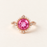 Duchess Pink Topaz Ring in rose gold with faux pearl halo and CZ accents