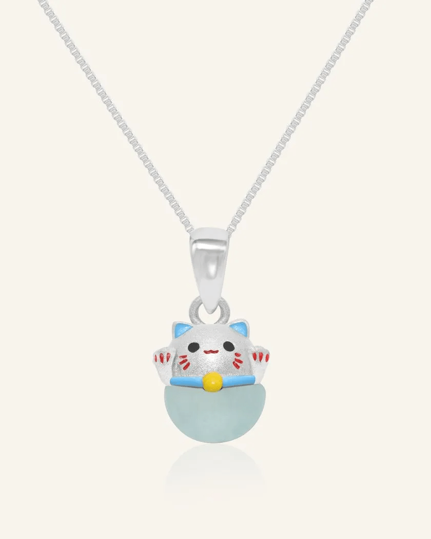 Fortune Cat Necklace (Blue Chalcedony) - Love Estella