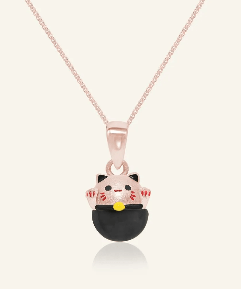 Fortune Cat Necklace (Obsidian) - Love Estella